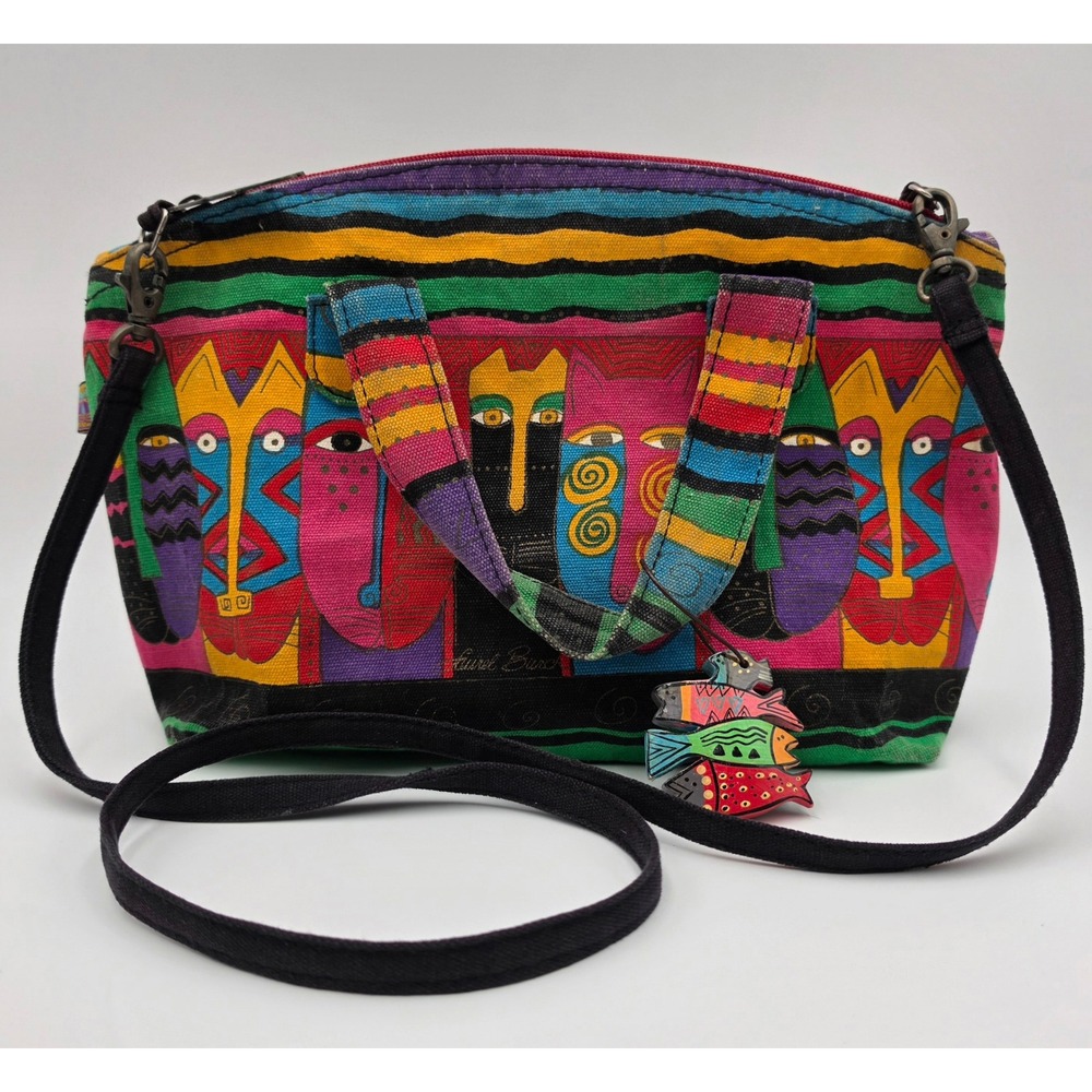 Laurel Burch Indigo Cats Canvas Crossbody Bag Multi Color Folk Art Vintage Tote